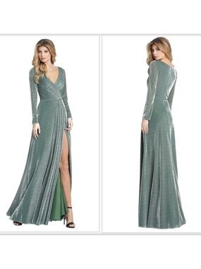 Mac Duggal Metallic Sage-Green Long Sleeve Wrap Gown